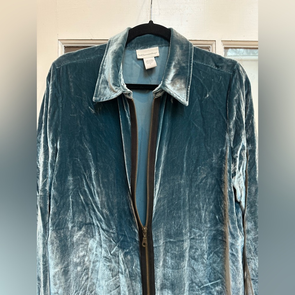 Soft Surroundings Crushed Velvet Ocean Teal Blue Silk Full Zip Sweatshirt Size M - Picture 2 of 8